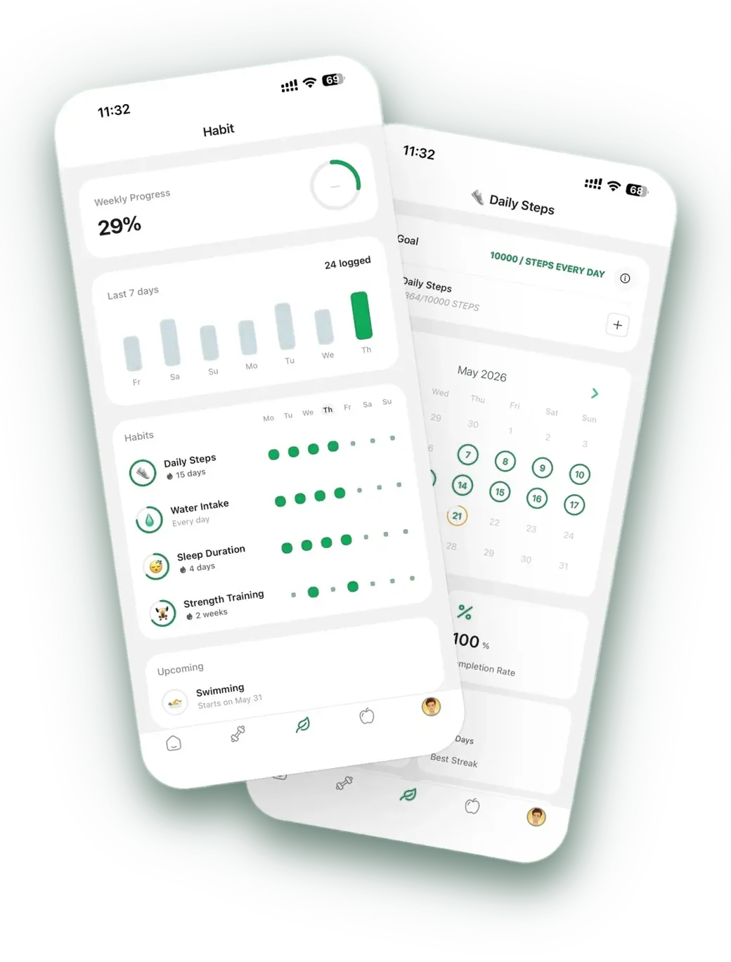 App habit tracker screen showing daily habits and streaks