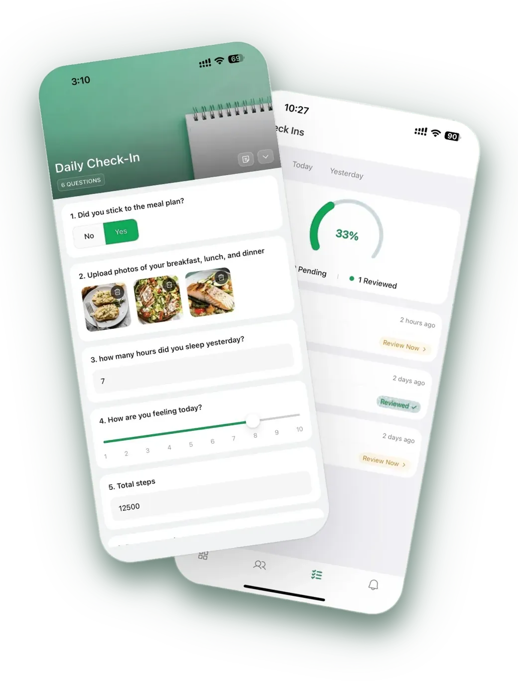 App progress and check-in screen with photos and metrics