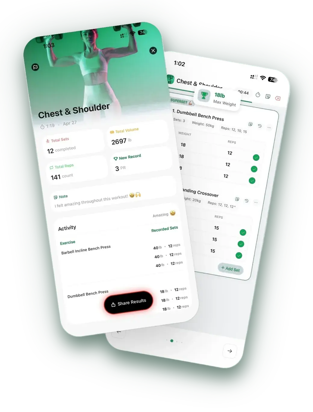 The app training and workout screen