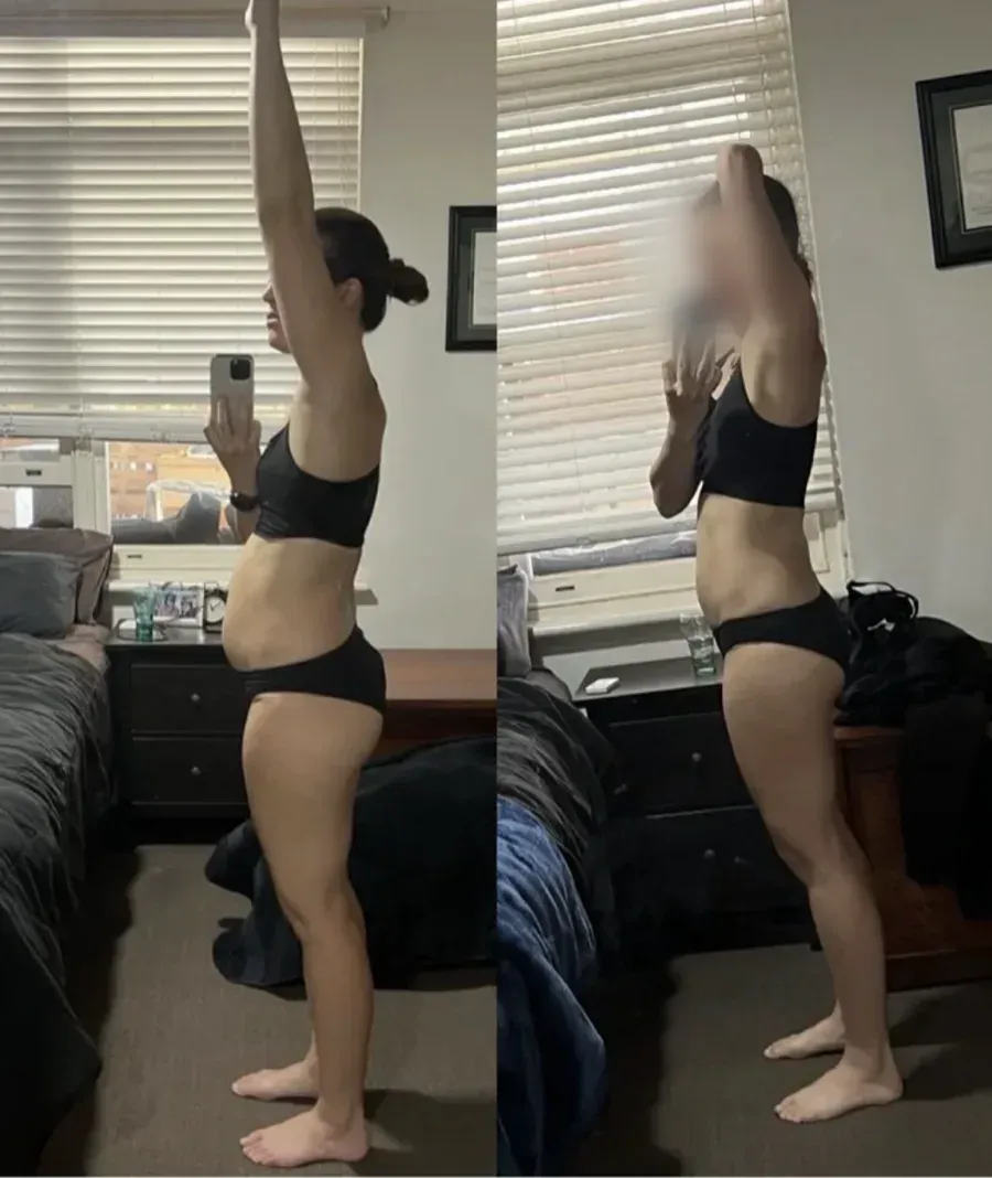 Montana before coaching and 6 months later, without tracking her food