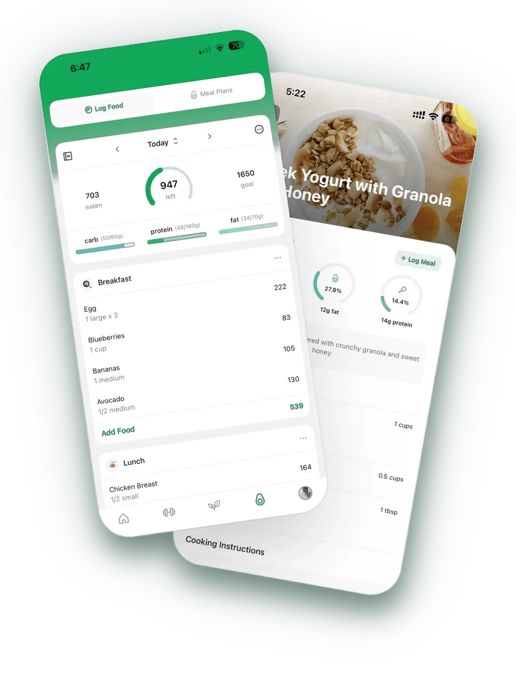 The app nutrition tracking screen