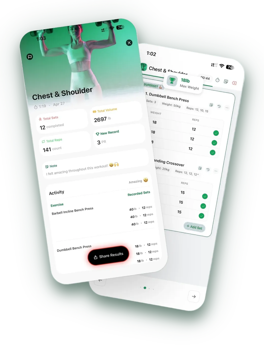 The app training and workout screen